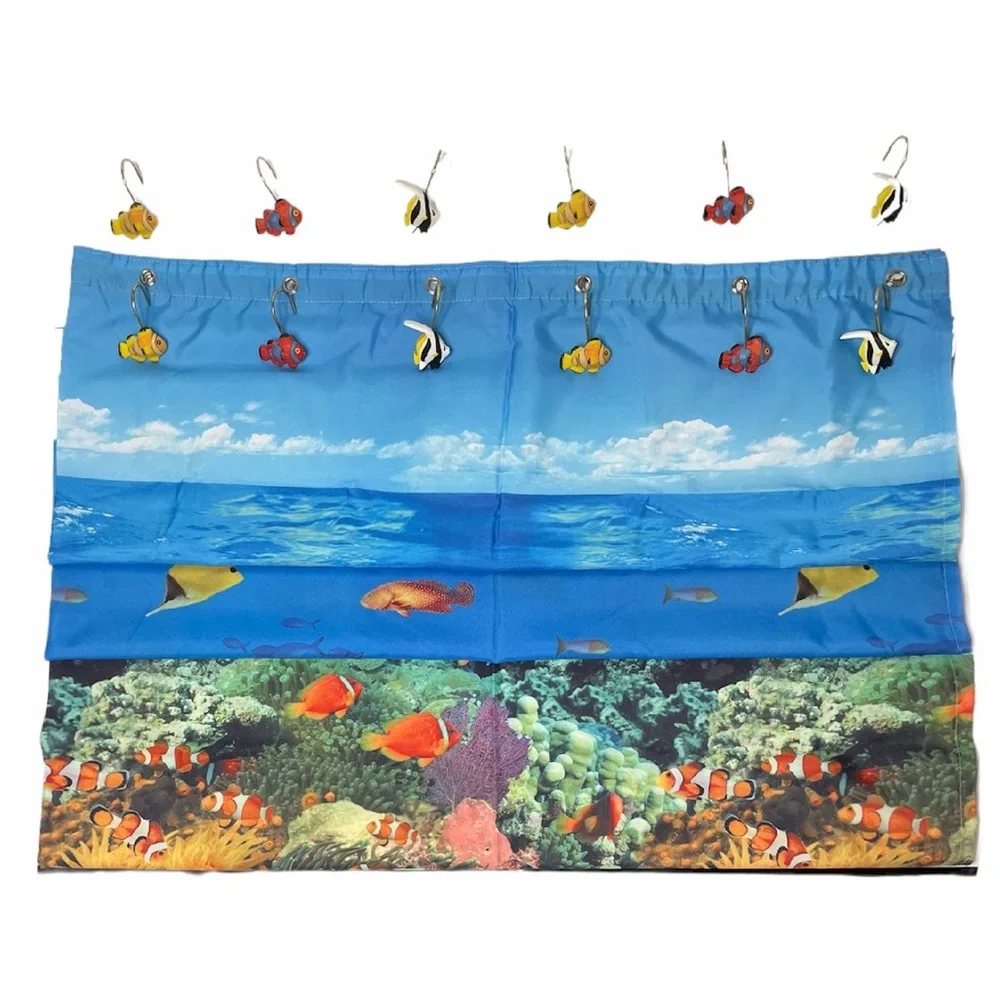 Shower Curtain Ocean Escape Set Curtain & Hooks Tropical Fish Nautical Beach